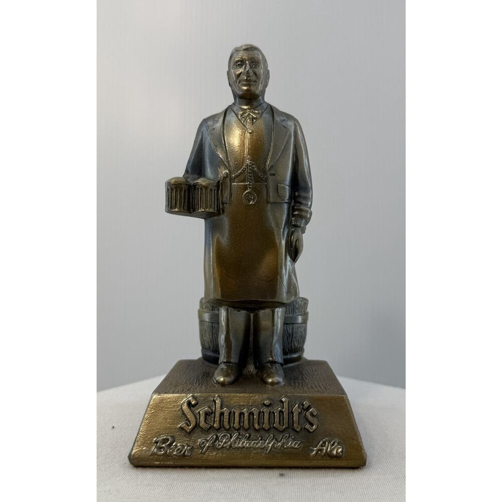 VINTAGE SCHMIDT'S BEER & ALE BRONZED METAL BARTENDER STATUE BAR CADDY 8" DISPLAY